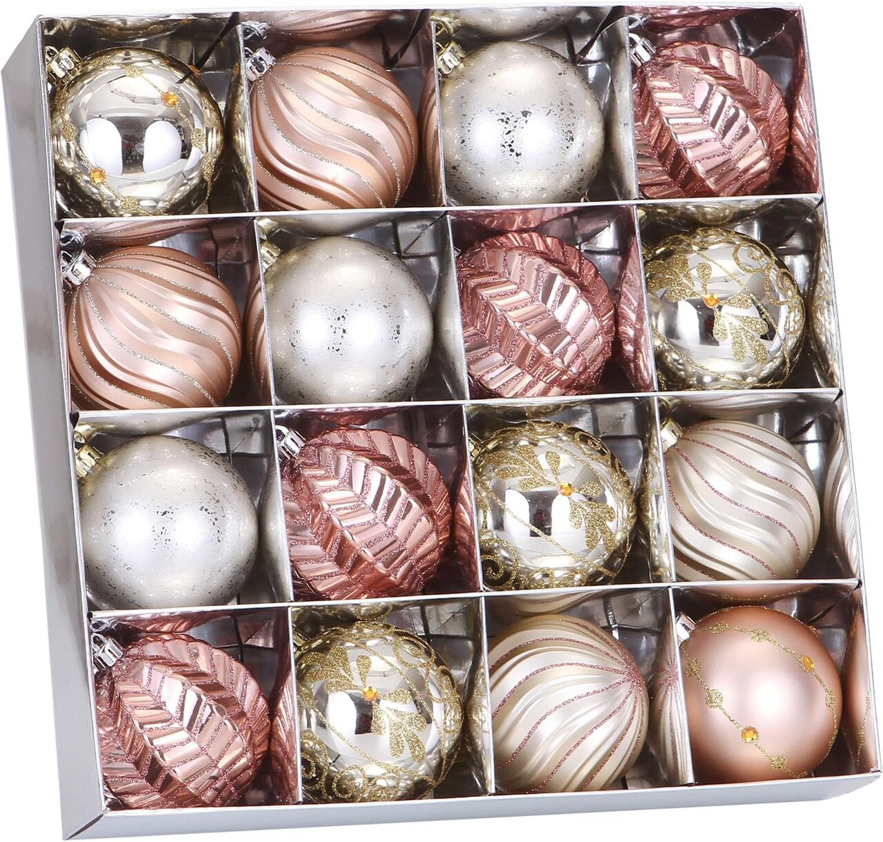 16pcs Christmas Sparkling Ball Ornaments (Rose Gold & Champagne) - 12.8 x 12.8 x 3.15 inches